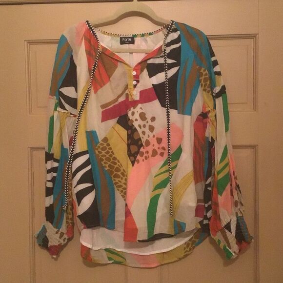 Fate Cotton Half Button Colorful Patterned Tie Blouse - Picture 6 of 11